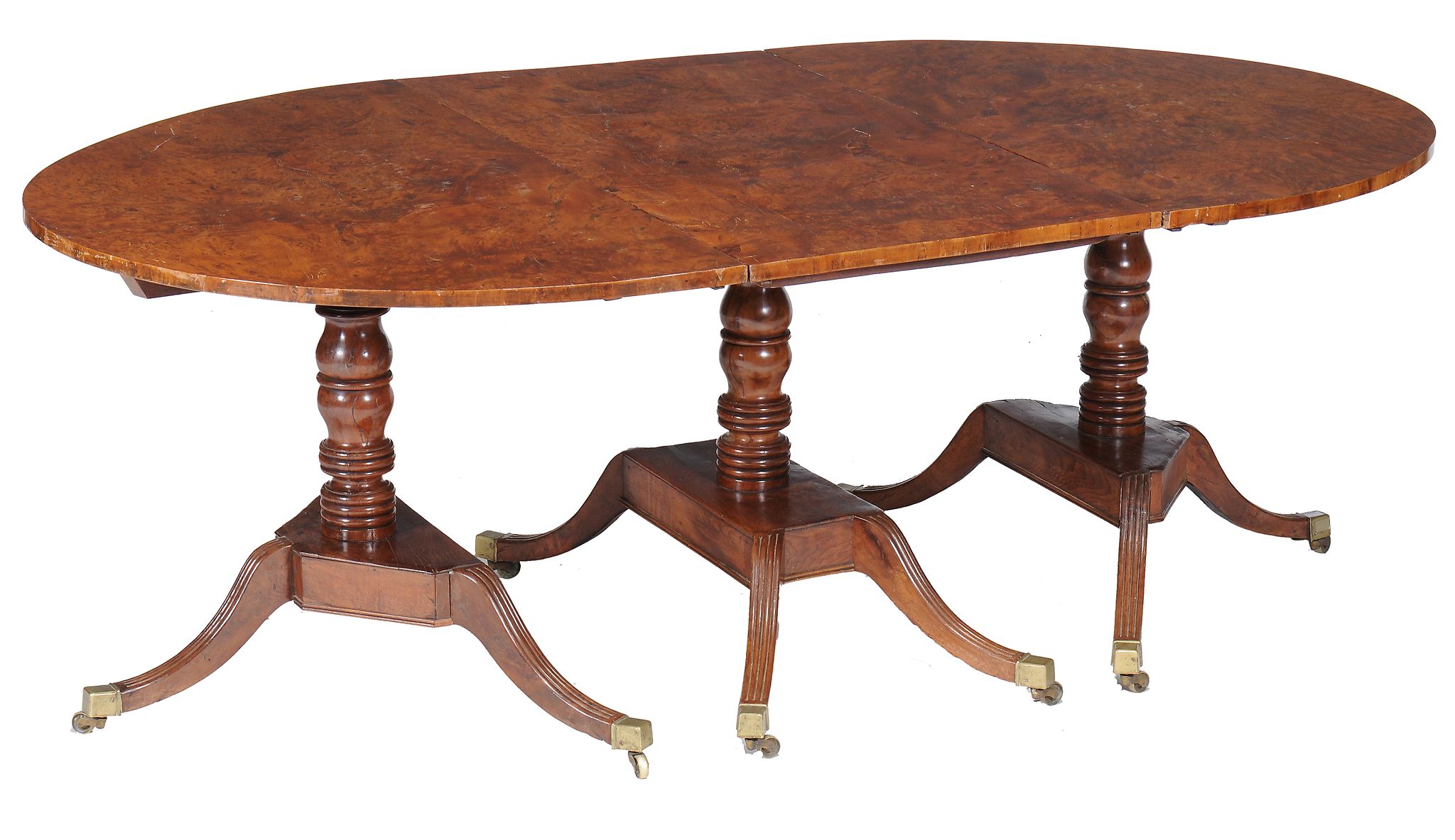 A George IV burr yew triple pillar dining table, circa 1825 - Image 2 of 3