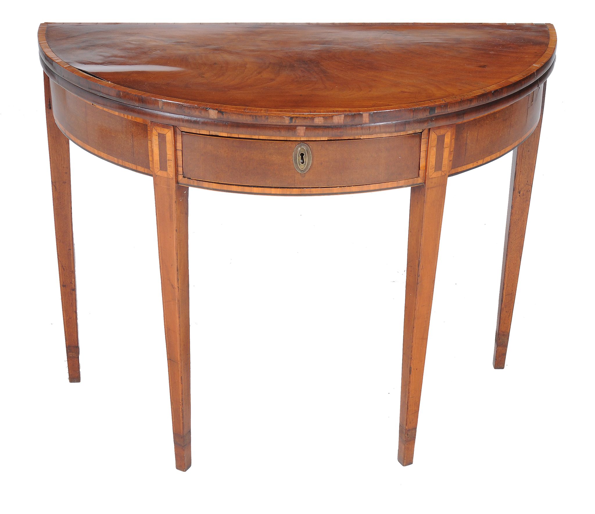 A George III mahogany and tulipwood crossbanded semi elliptical card table