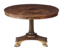 A Regency rosewood, parcel gilt and brass inlaid centre table, circa 1810