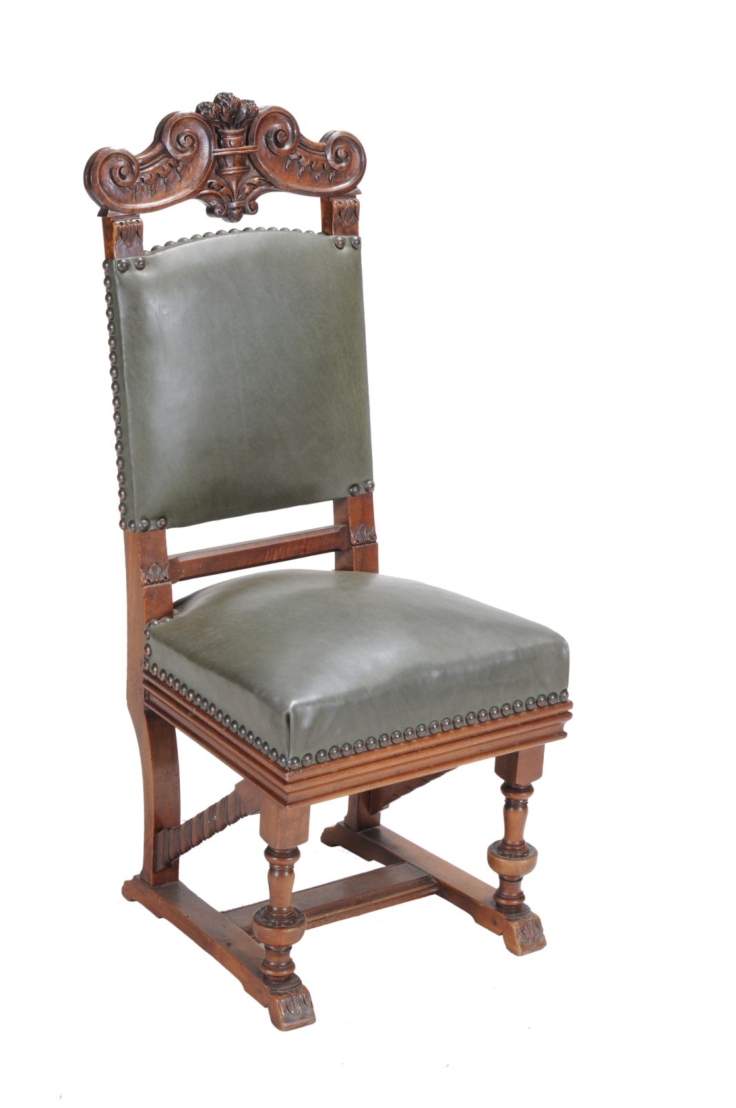 A set of eighteen carved walnut dining chairs, circa 1890, each padded rectangular back with C - Image 2 of 5