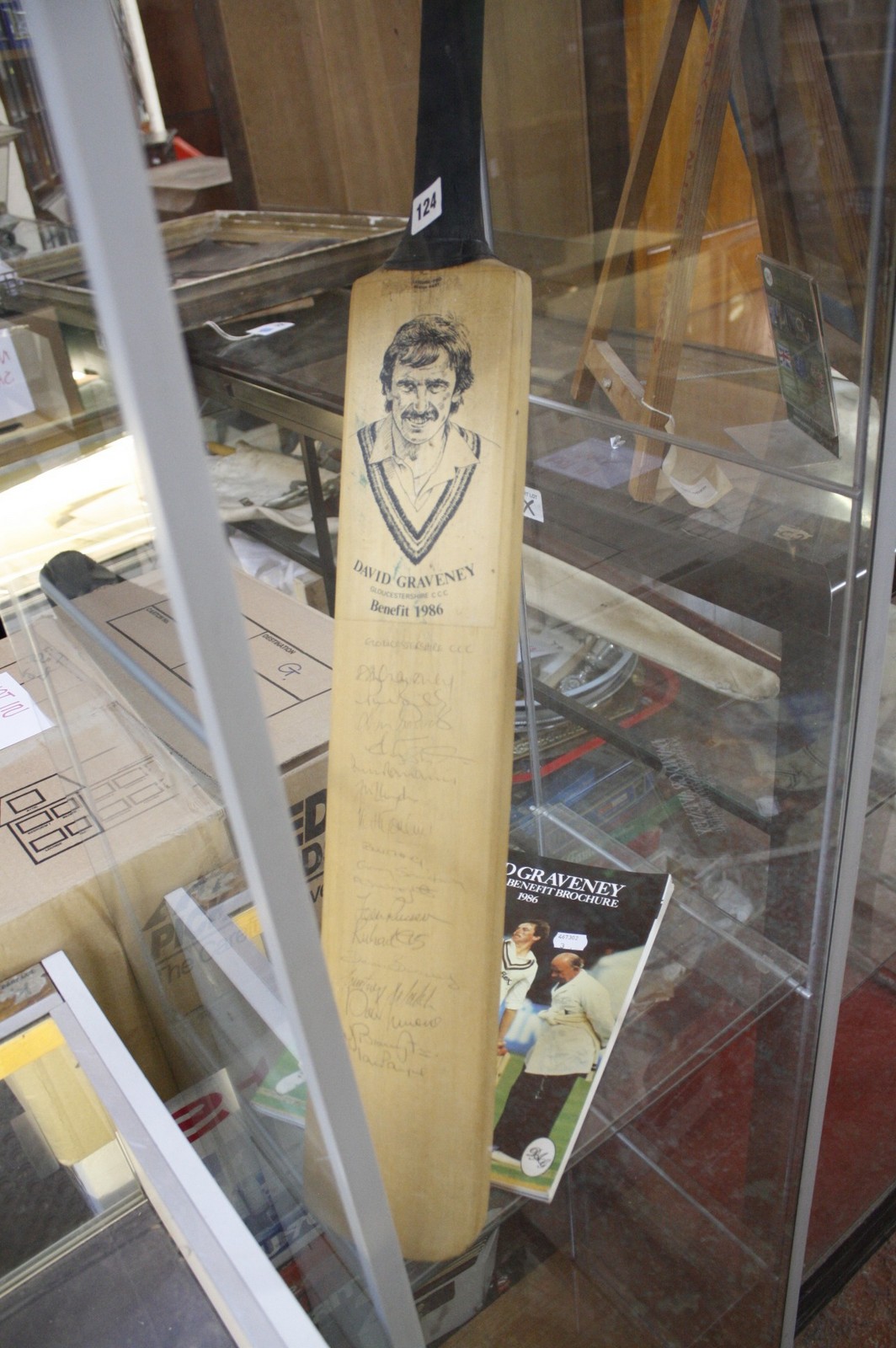 An autographed cricket bat-David Graveney Benefit 1986; Courtney Walsh, Jack Russell, David 'Sid'