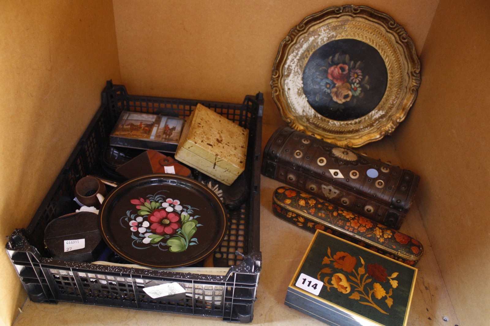 A Late 19th Century leather and mother-of-pearl mounted glove box, a Persian papier mache qalamdan