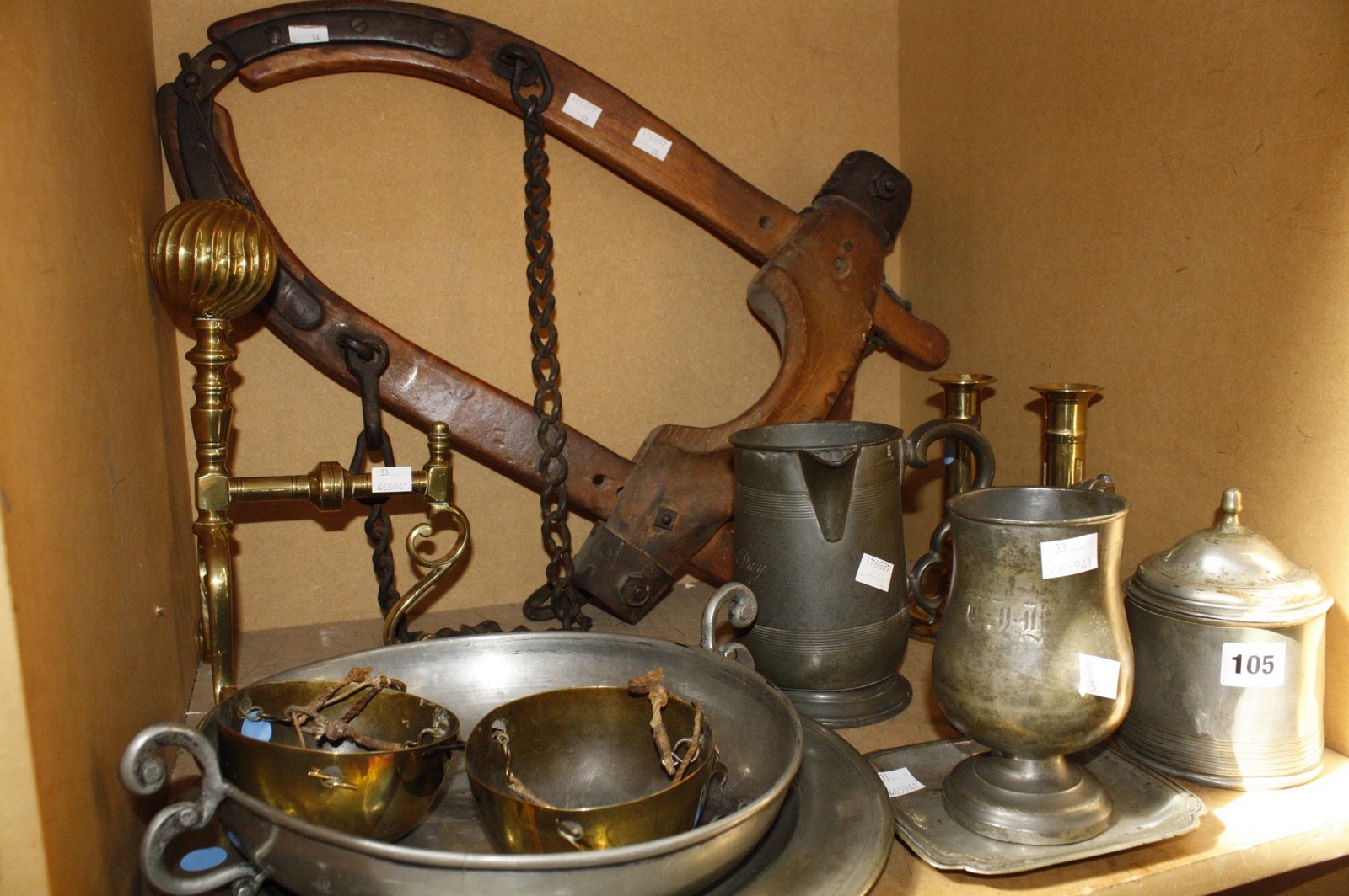 Various pewter items, a pair of brass candlesticks and other items Best Bid