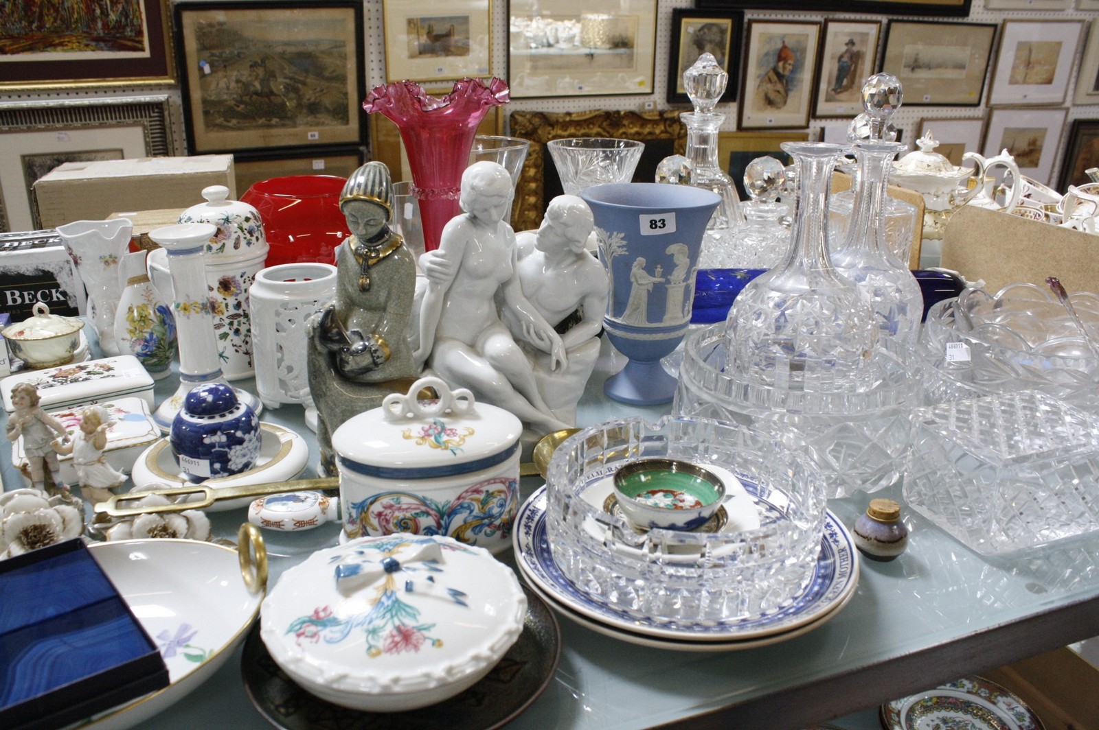 A quantity of ceramics and glass including a Wedgwood jasper beaker, a glass rolling pin, Limoges