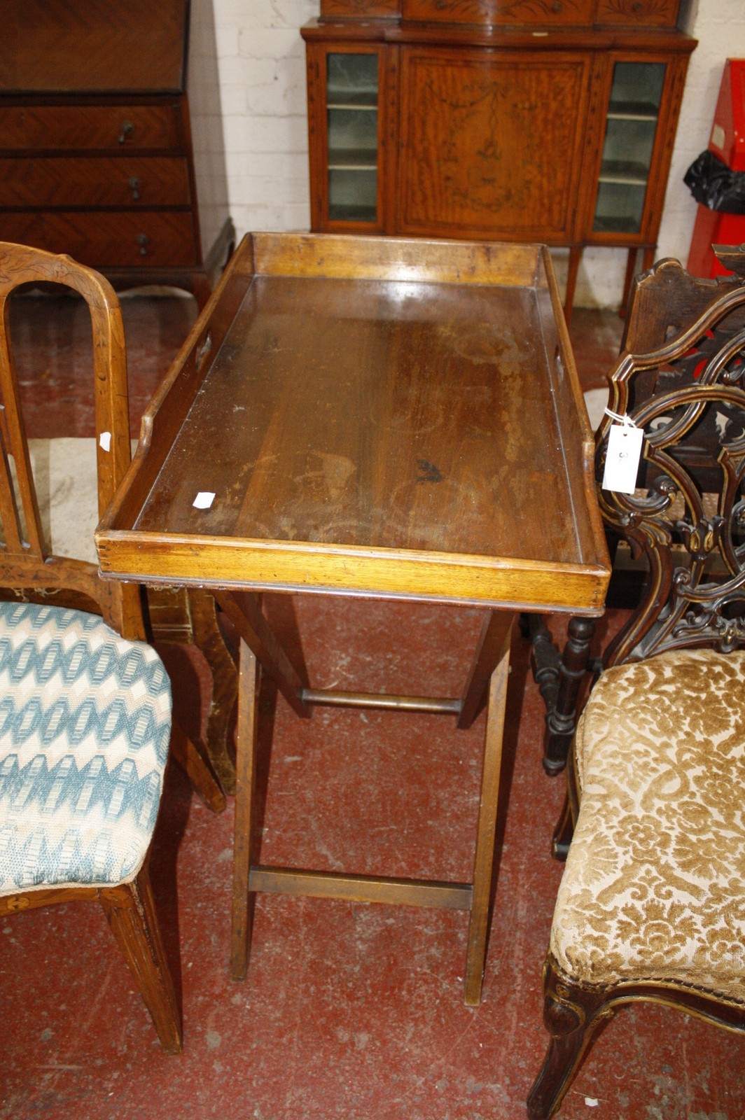 A Dutch marquetry inlaid chair, a butlers tray with folding stand and a piano stool