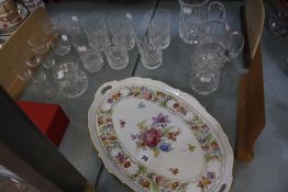 A quantity of assorted glassware to include tumblers, wines and jugs, a modern Spode 'Lobelia' dish,