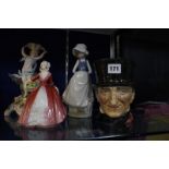 Five Royal Doulton figurines, a Toby Jug, a Lladro figure and a Continental porcelain cherub