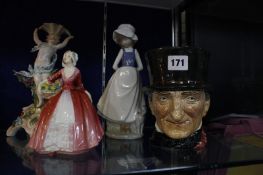 Five Royal Doulton figurines, a Toby Jug, a Lladro figure and a Continental porcelain cherub