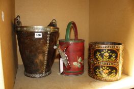 Two items of painted toleware and a fire bucket -3 Best Bid