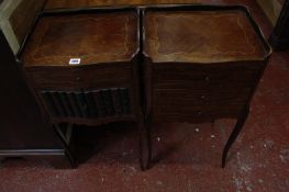 A near pair of Louis XVI style kingwood bedside tables one with FALSE book doors, the other with