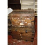 A leather travelling trunk, two wooden "silver" trunks and three black metal trunks. Best Bid