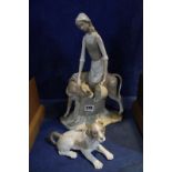A Nao figure of a milkmaid and cow, 34cm high and a Lladro model of a dog, 18cm long -2