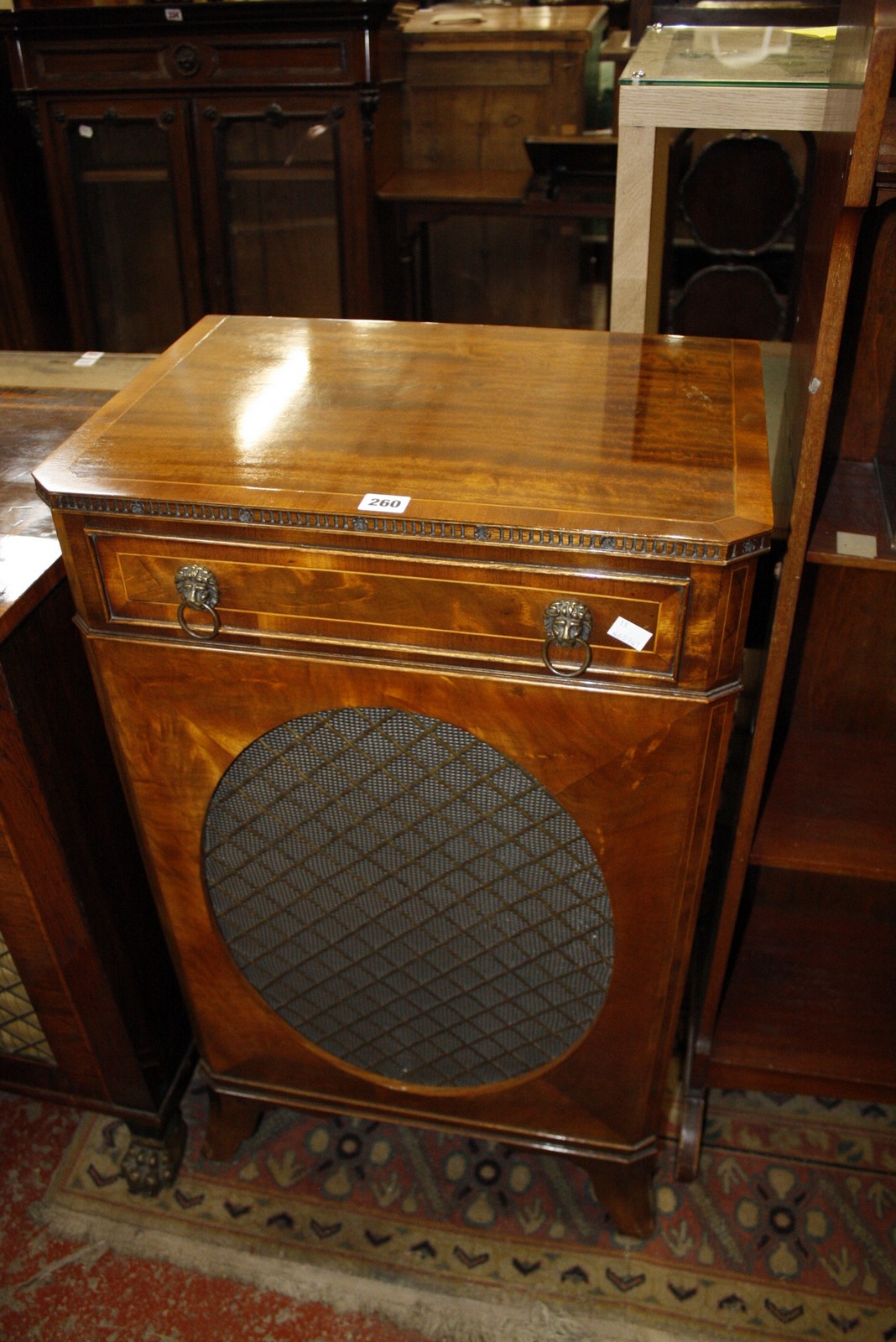 A reproduction mahogany side cabinet, bearing plaque to reverse Period High Fidelity 53cm wide