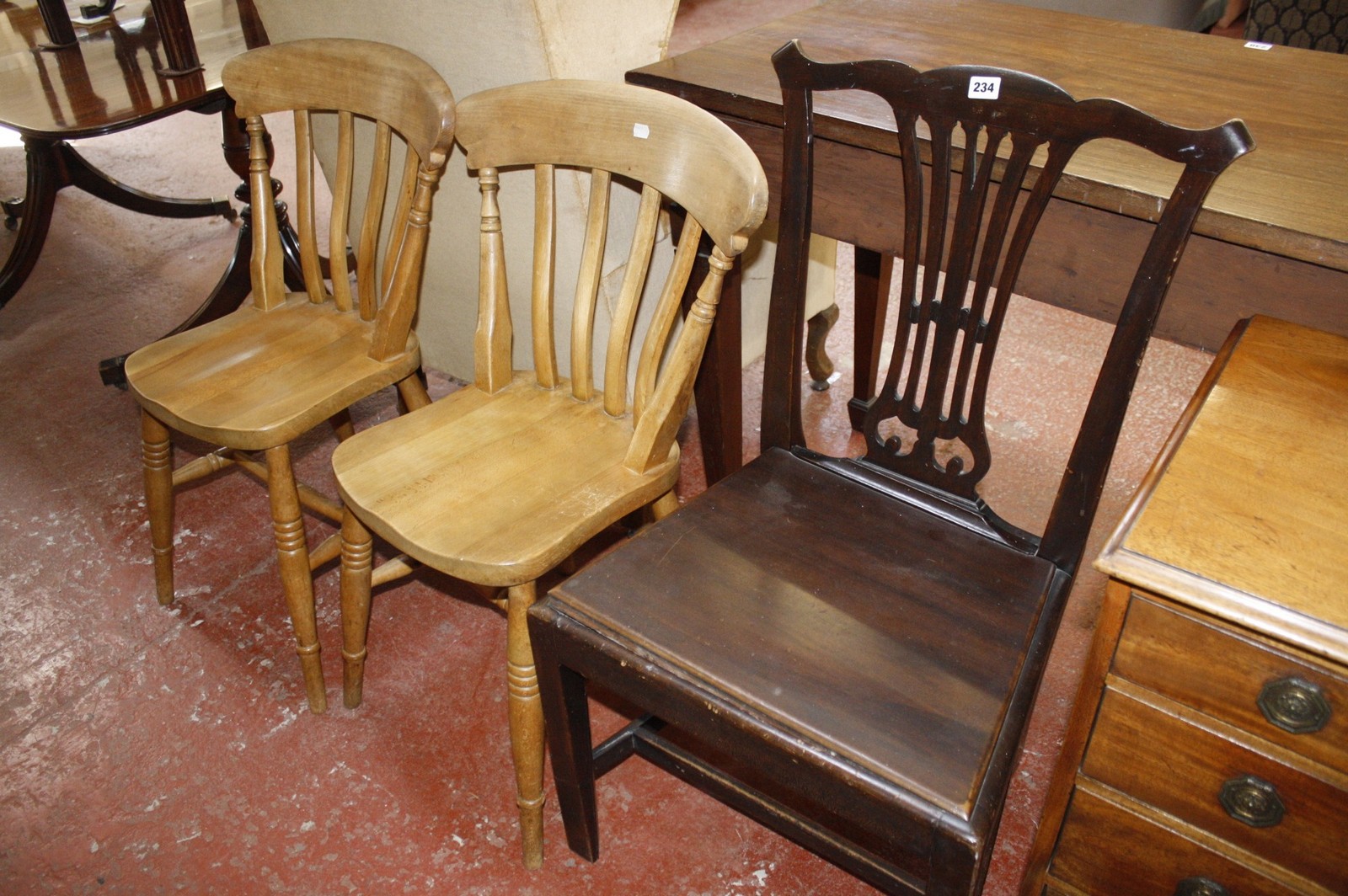 Two beech wood kitchen chairs and a Hepplewhite style chair -3