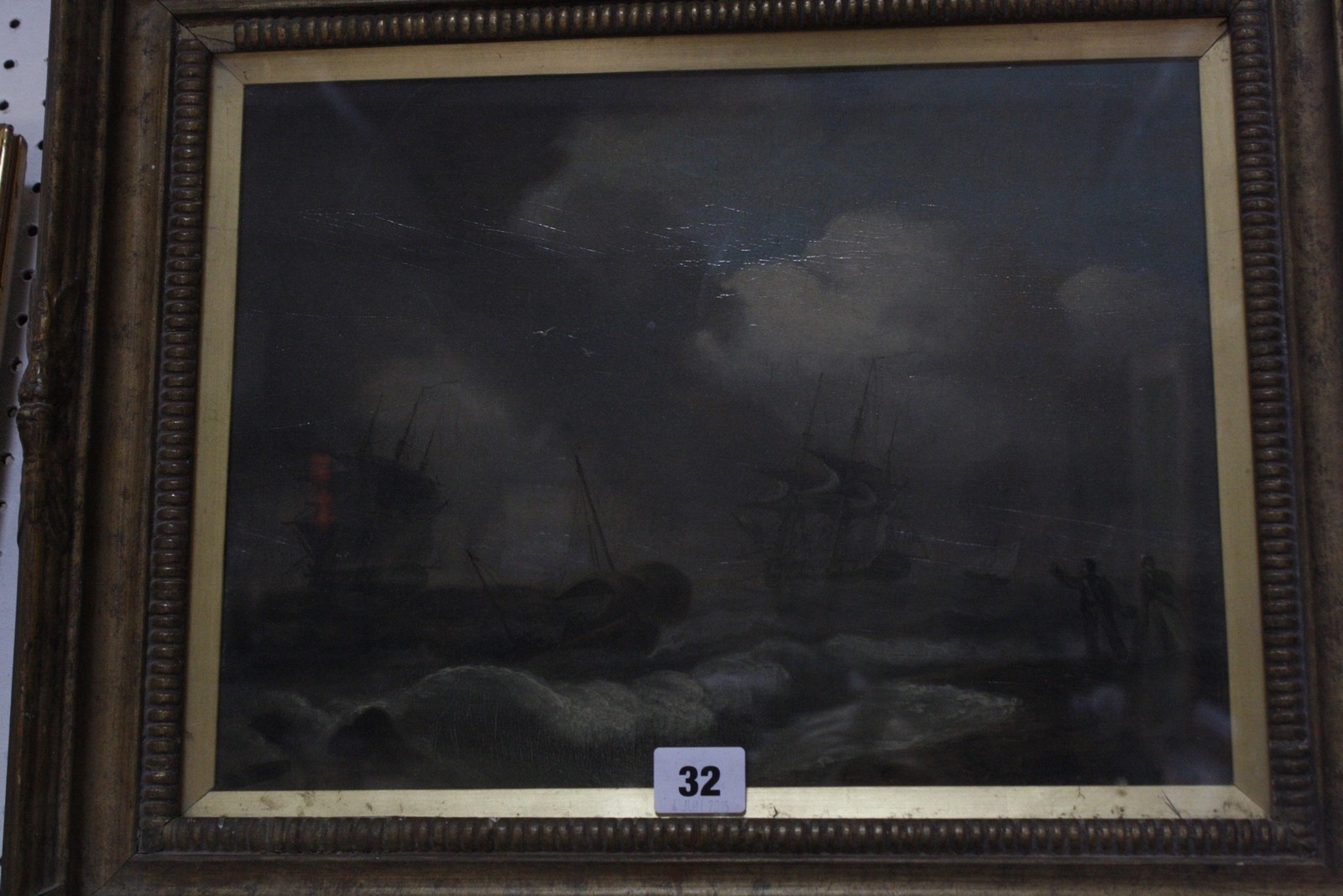 English School (19th Century) Ships in high seas, with rowing boats heading for shore Oil on board