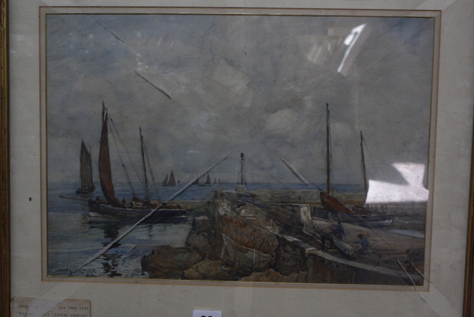 James Gilmore (Scottish, fl. 1885 - 1937) Fishing fleet leaving Scottish harbour Watercolour