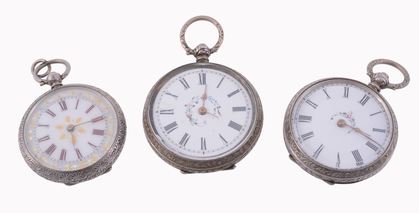 Three silver coloured fob watches, including: a Swiss silver coloured fob watch, Swiss 1882 - 1934