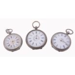 Three silver coloured fob watches, including: a Swiss silver coloured fob watch, Swiss 1882 - 1934