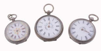 Three silver coloured fob watches, including: a Swiss silver coloured fob watch, Swiss 1882 - 1934