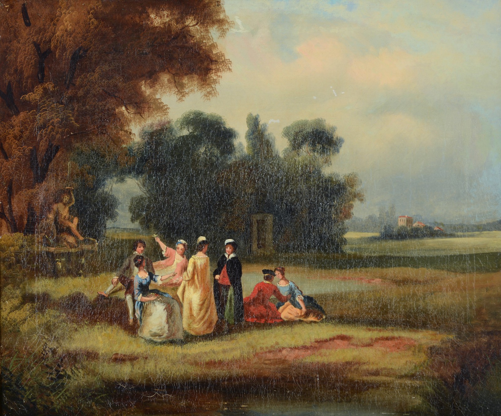 French School (19th Century) A garden party; figures resting by a pond, with classical sculpture and - Image 2 of 2