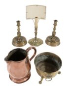 A pair of Spanish or Dutch brass candlesticks, circa 1680, the sockets each with rectangular and