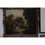 French School (19th Century) A garden party; figures resting by a pond, with classical sculpture and