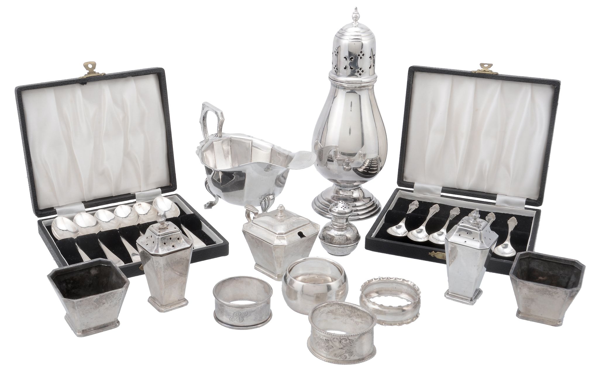 A collection of silver items, to include: a six piece facetted tapering...  A collection of silver