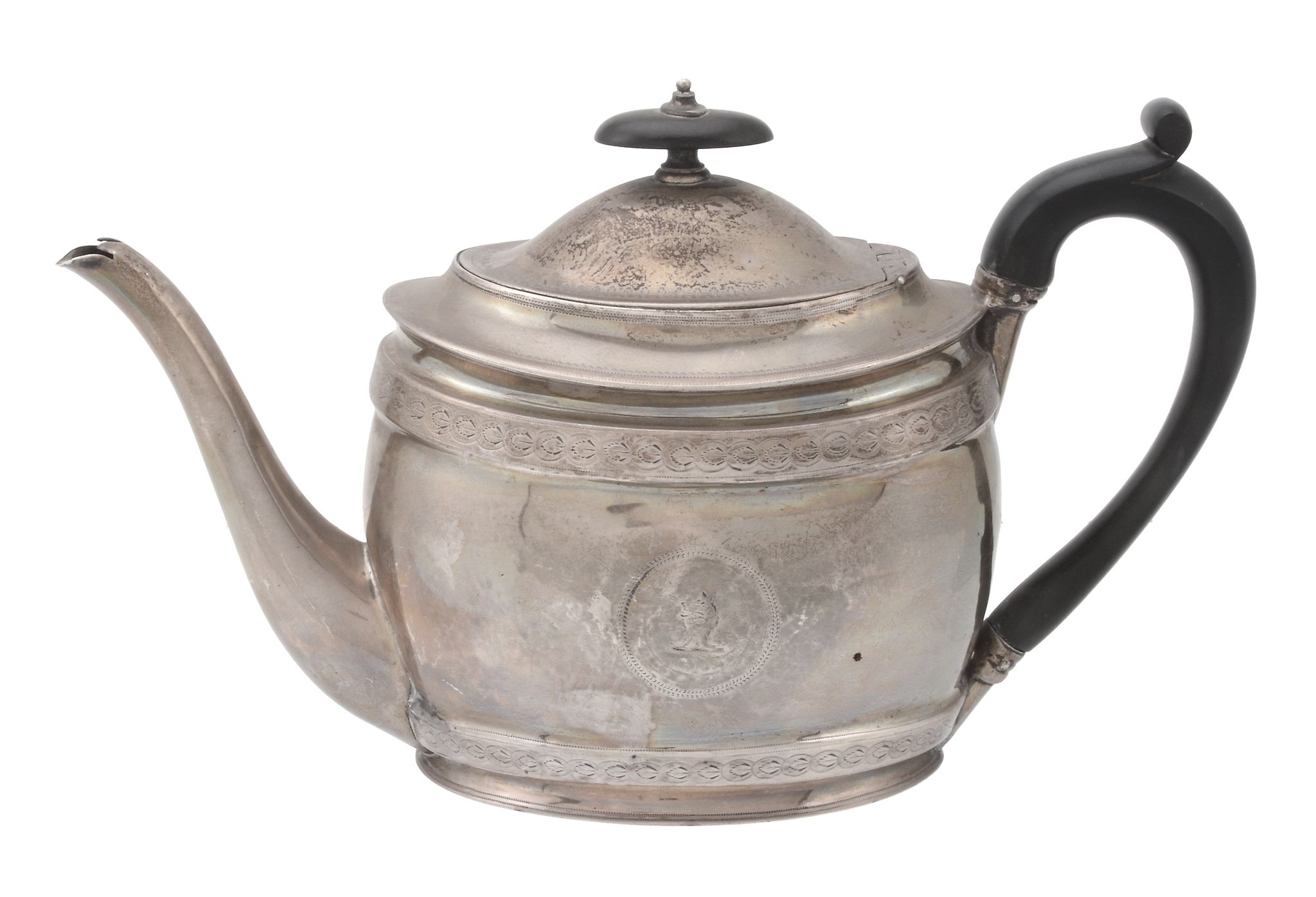 A George III silver oval tea pot by Thomas Robins, London 1801  A George III silver oval tea pot