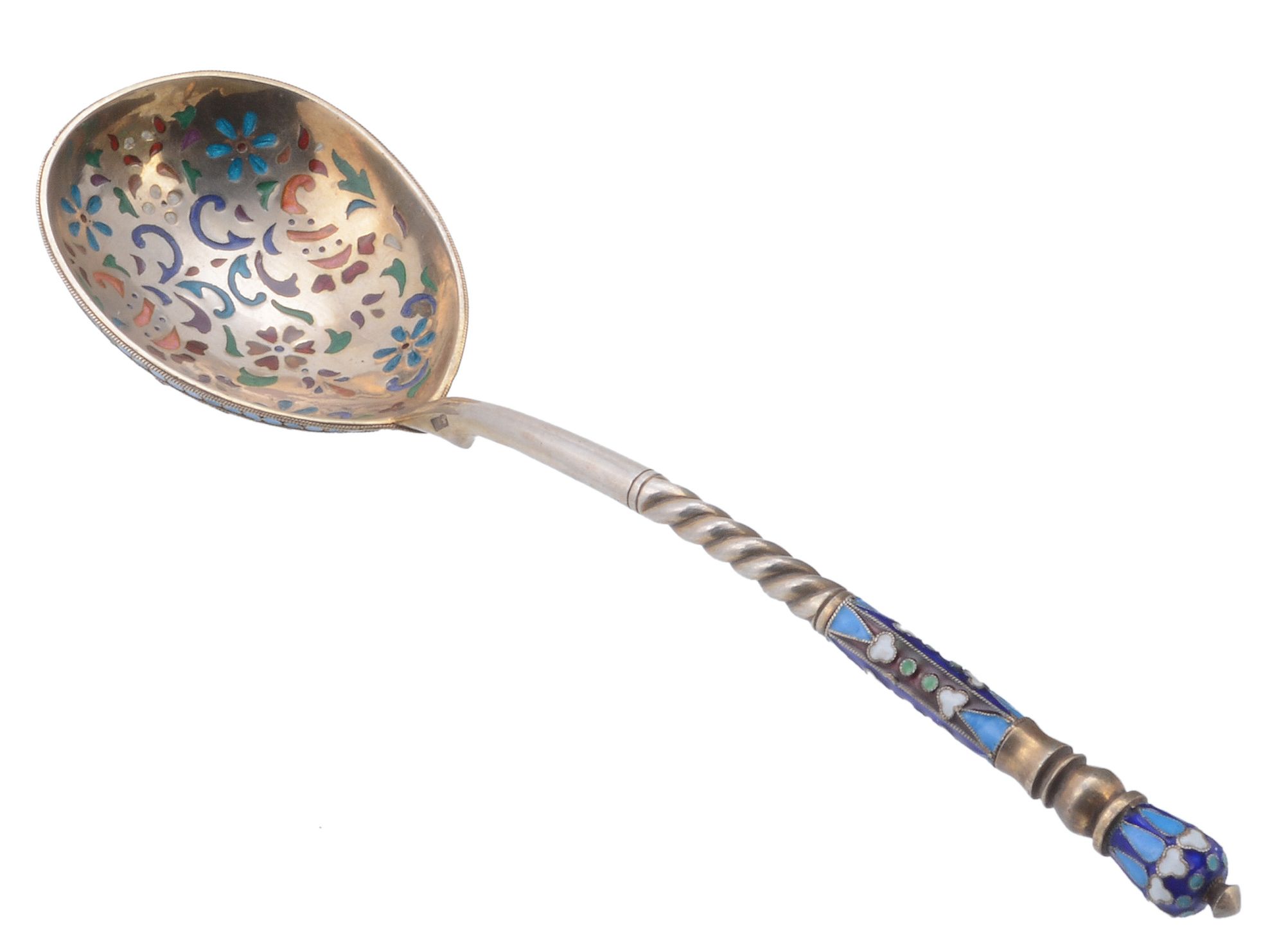 A silver coloured gilt, plique a jour and cloisonne enamel spoon  A silver coloured gilt, plique a