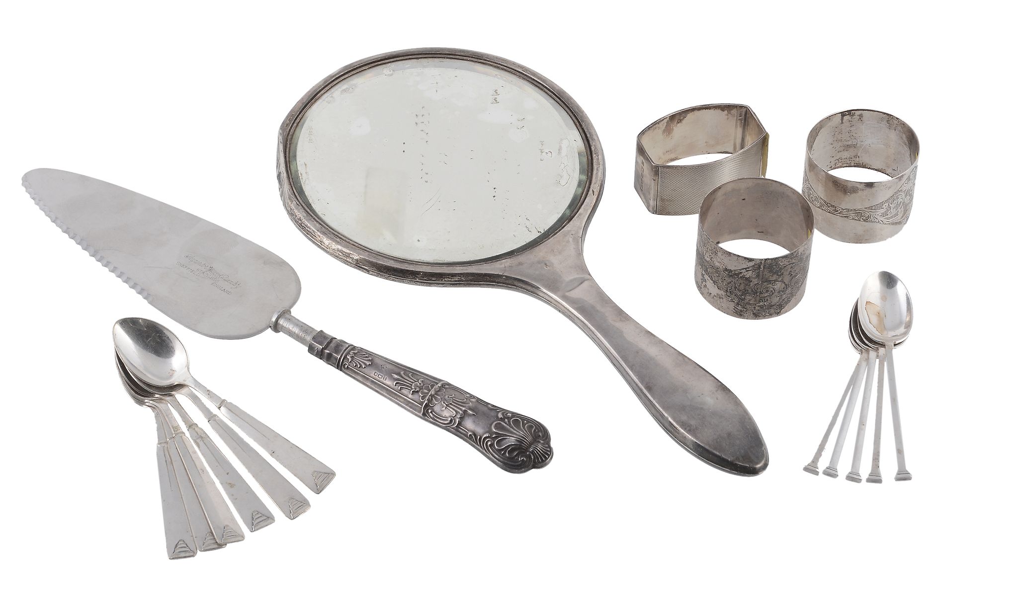 A collection of silver items, to include: a silver mounted hand mirror  A collection of silver