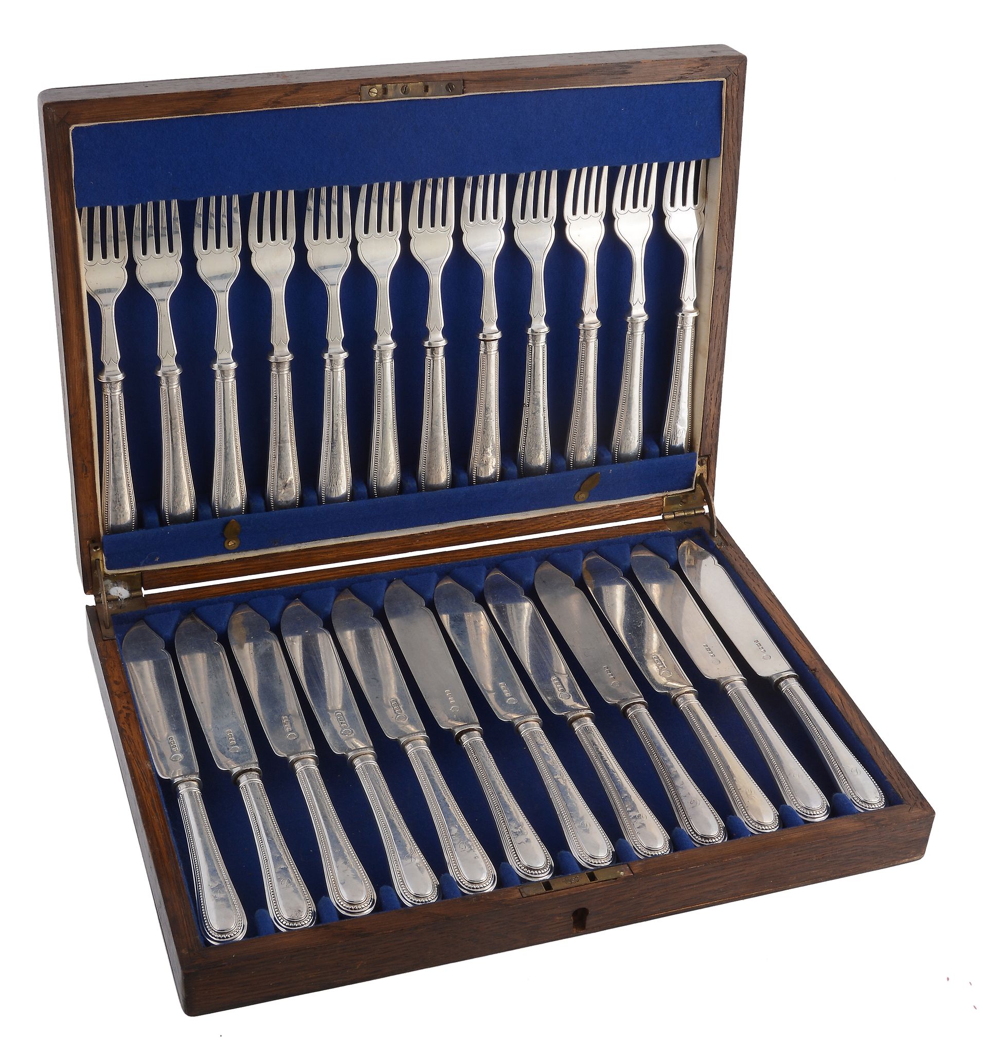 A cased set of twelve Victorian silver beaded fish knives and forks  A cased set of twelve Victorian