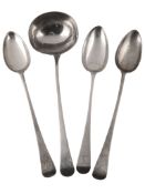 A George III silver old English pattern gravy spoons by William Sumner I  A George III silver old