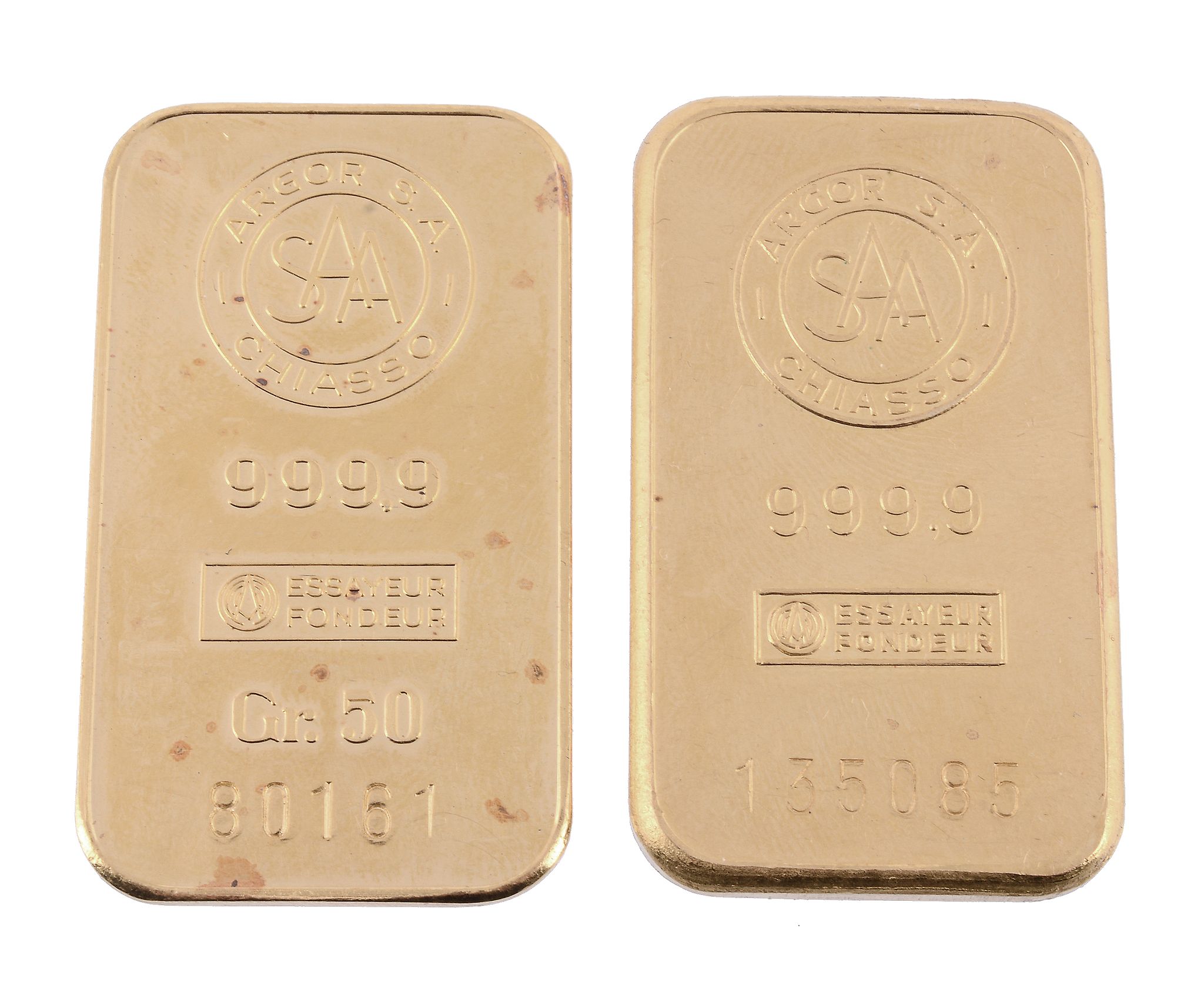 A 100g gold bar, marked 999.9, number 135085, and a 51g gold bar, marked 999.9.number 80161. (2)