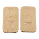 A 100g gold bar, marked 999.9, number 135085, and a 51g gold bar, marked 999.9.number 80161. (2)