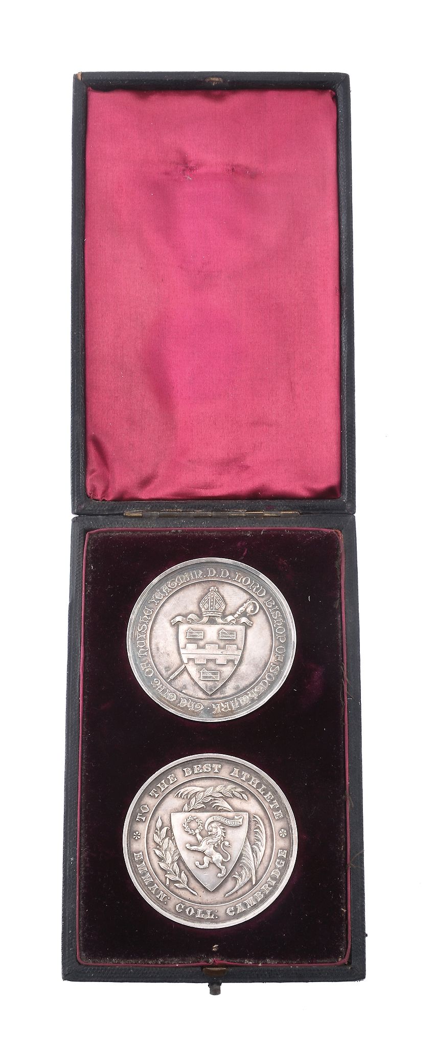 Emmanuel College, Cambridge, a cased pair of silver prize medals for athletics, one named to A. L.