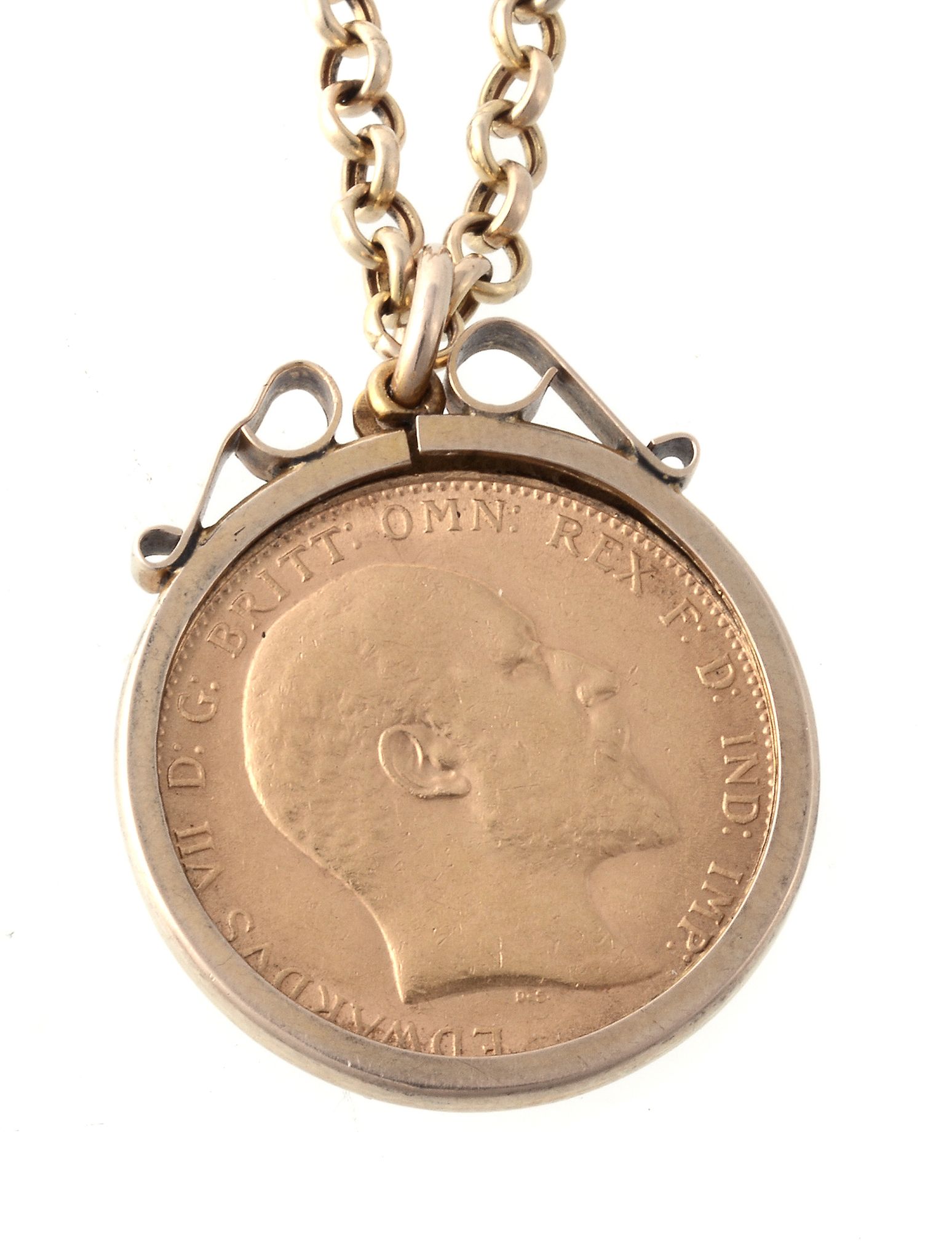 Edward VI, Sovereign 1910, in a 9 carat gold mount, suspended on a gold coloured chain, 14.6g gross - Image 2 of 2