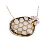 A quartz pendant, the oval shaped citrine with a diamond bee surmount, with diamond accents to the