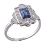 An Art Deco sapphire and diamond ring, circa 1930, the central rectangular shaped sapphire in a cut