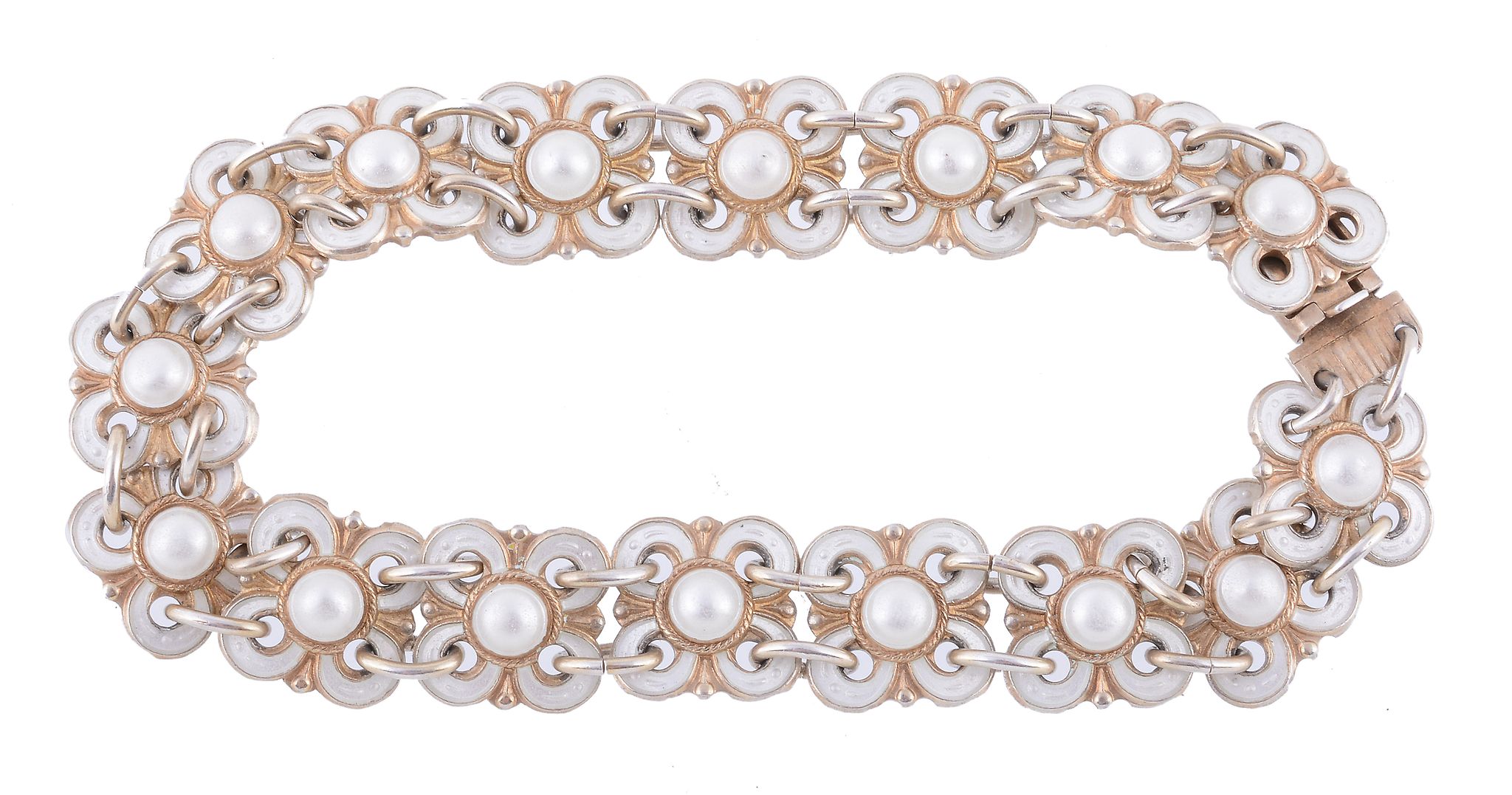A David Andersen enamel bracelet , the white enamelled pierced quatrefoil panels with polished