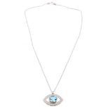 An aquamarine and diamond pendant, the central oval shaped aquamarine collet set within a marquise