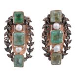 A pair of emerald, pearl and diamond dress clips, the central rectangular shaped emerald in a