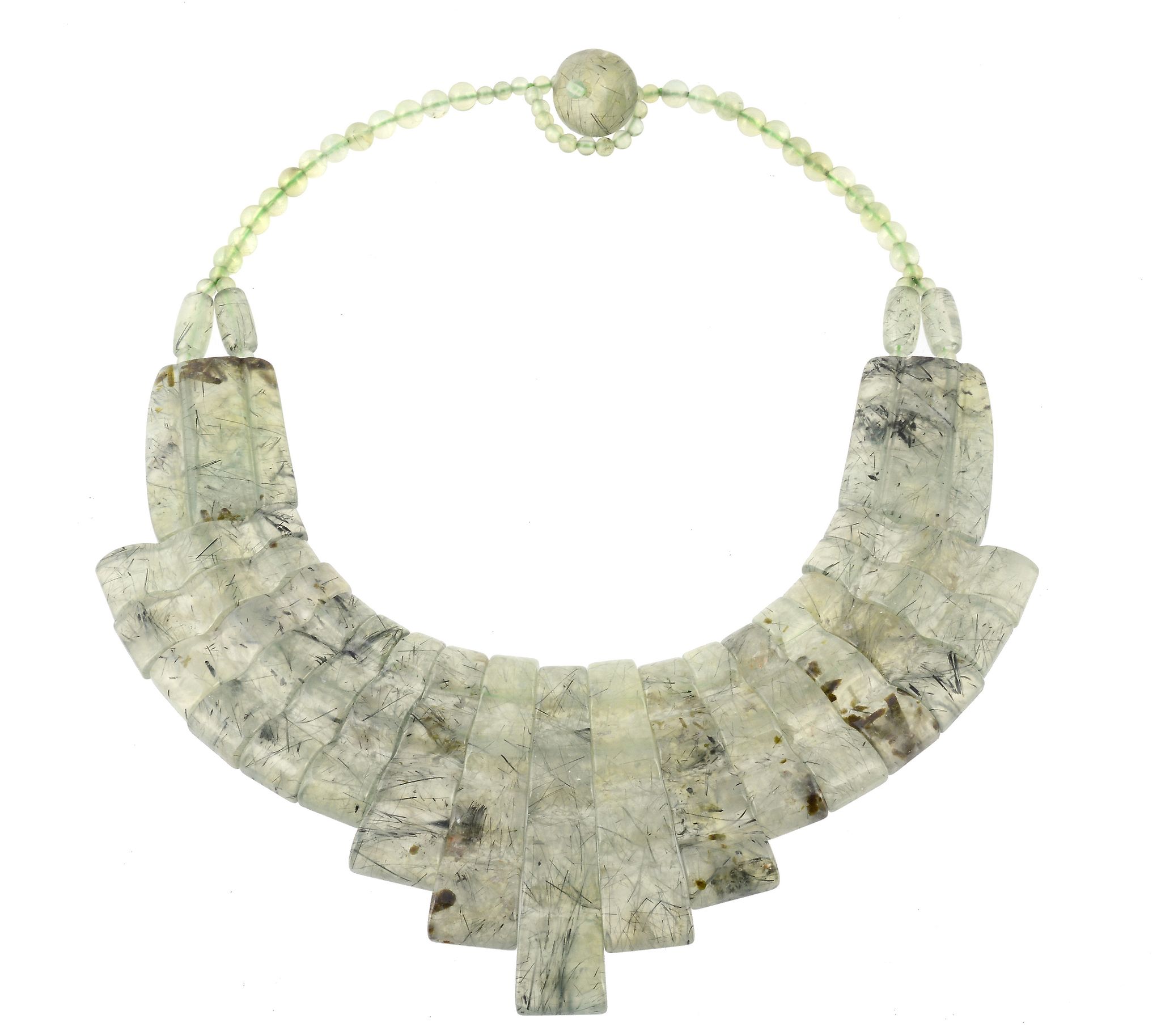 A rutilated quartz necklace, the polished graduated undulating panels to a polished bead necklace,