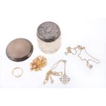 A selection of costume jewellery and other items, including: necklaces; brooches; a silver compact,