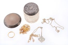 A selection of costume jewellery and other items, including: necklaces; brooches; a silver compact,