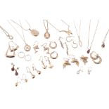 A collection of necklaces and earrings , to include a double dolphin pendant stamped 585; a sun and