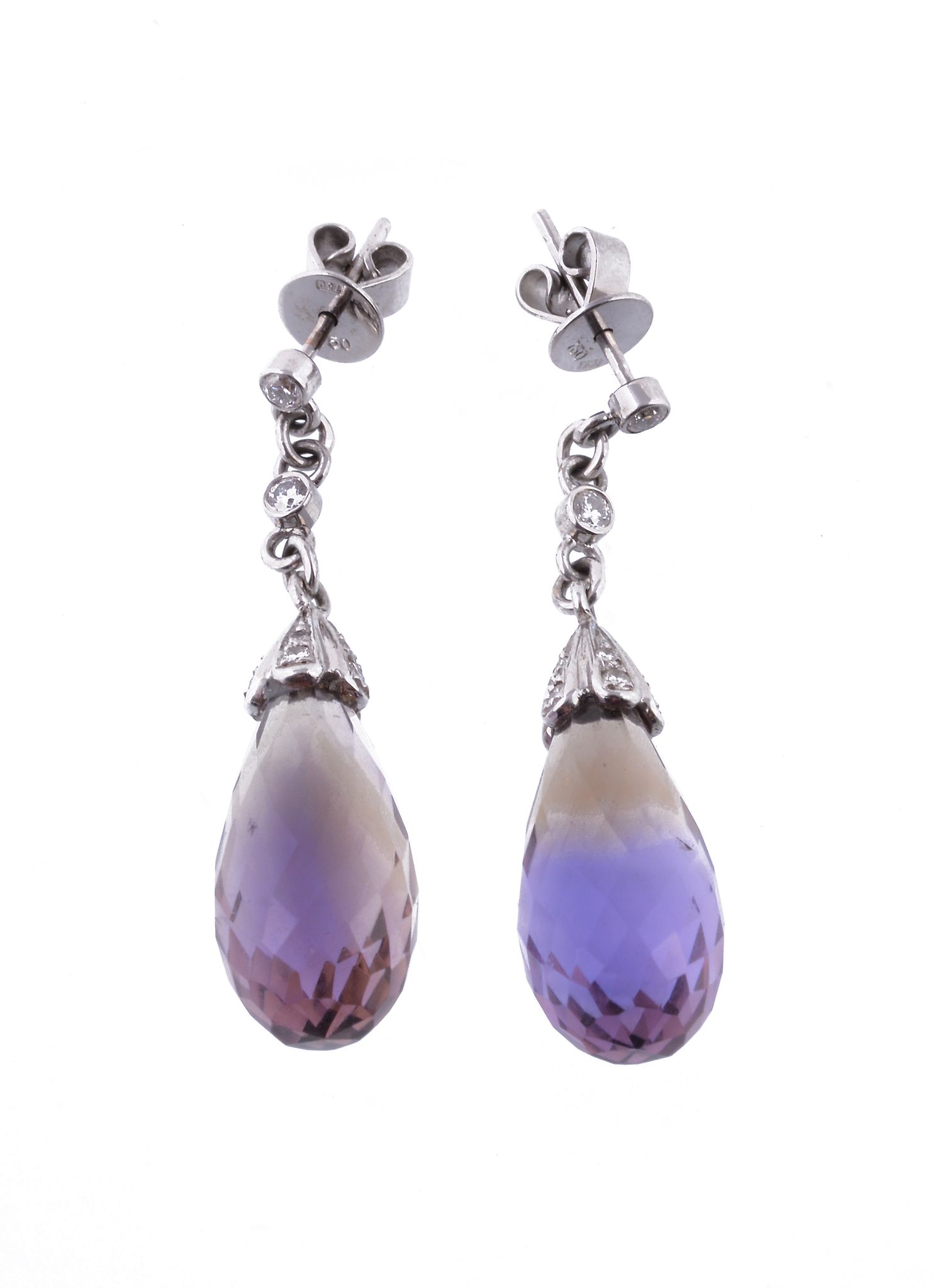 A pair of ametrine diamond drop earrings, the faceted ametrine drops suspended from an articulated