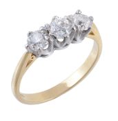 A diamond three stone ring, set with three old brilliant cut diamonds, approximately 0.90 carats