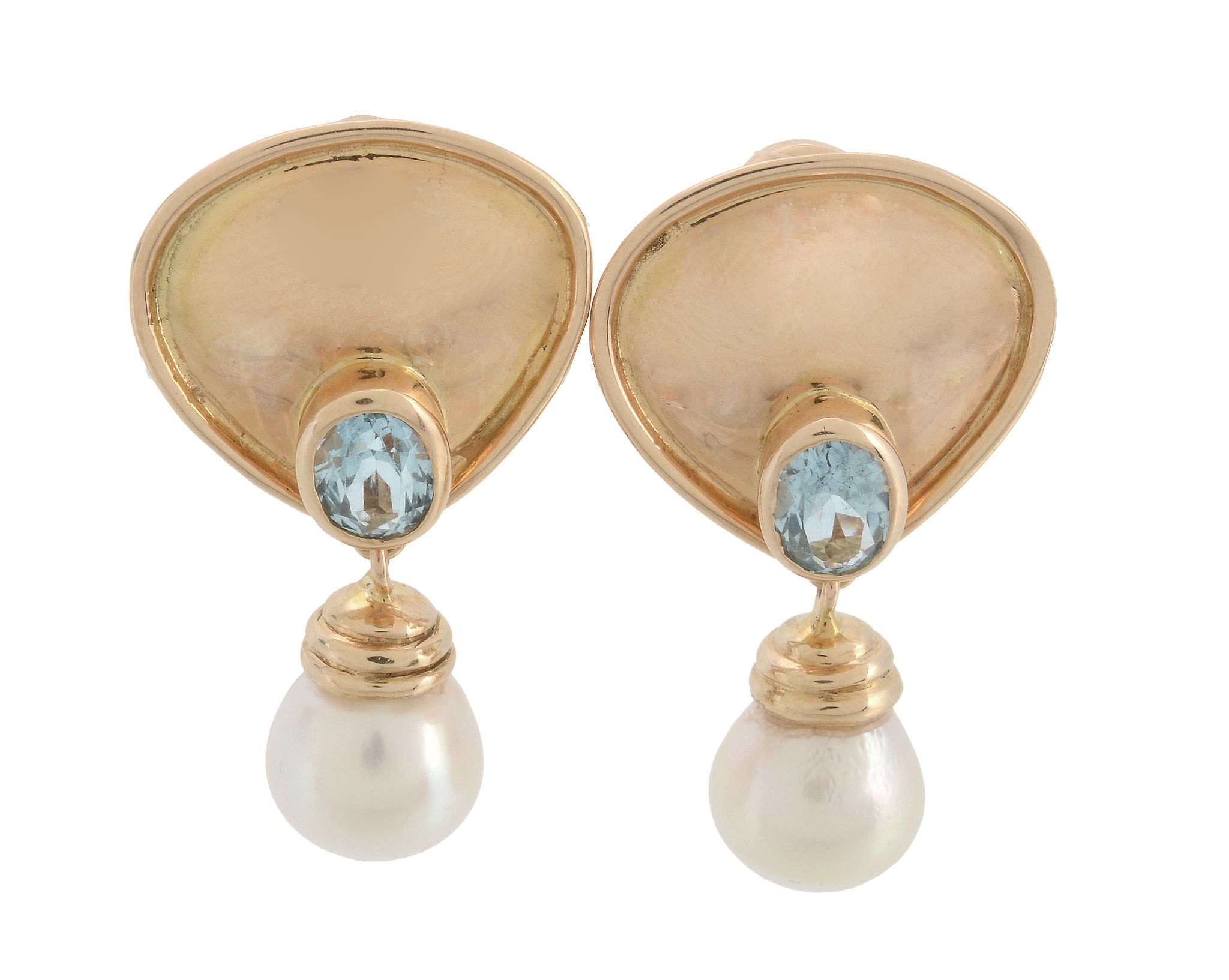 A pair of cultured pearl and blue topaz ear pendants , the polished panel surmounts each set with