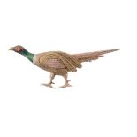 A pheasant brooch, with a textured body and enamelled head, stamped 15ct, 5cm long