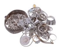 A collection of silver and other costume jewellery, to include rings; necklaces; pendants; and